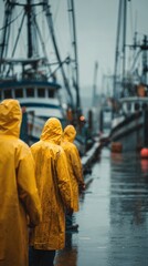 Fototapeta premium Fishermen wearing bright yellow raincoats walking along the wet dock on a rainy day with moored fishing vessels lined up in the blurred background