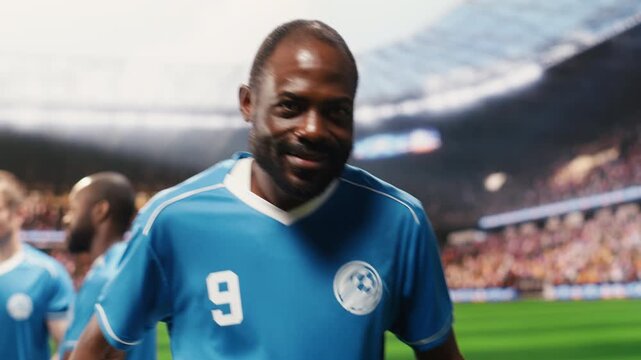 Portrait of Black football player kissing ball on pitch for good luck, dressed in blue jersey with teammates blurred in background, match day atmosphere with confidence, for football match content.