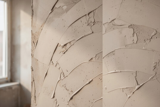 Neutral plaster wall with minimalist overlapping trowel marks