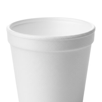 Empty, transparent polystyrene foam cup with intricate porous texture, macro shot on transparent background, ample copy space. Commercial product photography