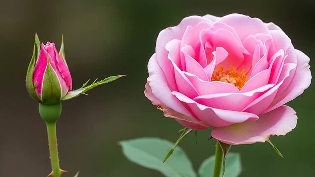 A delicate pink rose bud stands beside a fully bloomed flower in a garden
