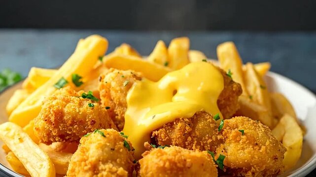 A delicious plate of crispy fried chicken bites served with golden potato fries and cheese sauce