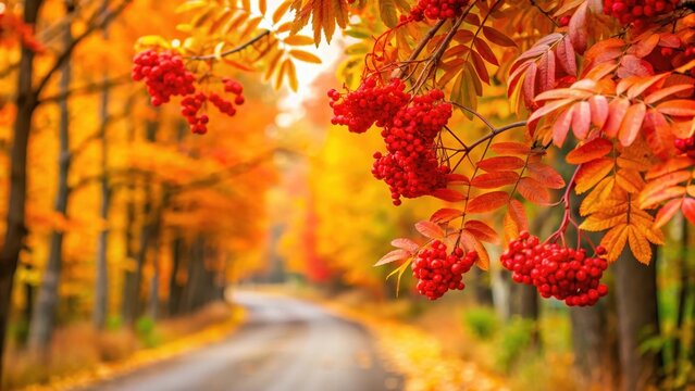 Colorful red autumn rowan leaves isolated on white backroads golden fall