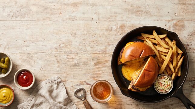 Top view of Juicy Lucy cheeseburger cut in half with melting cheese in cast iron skillet