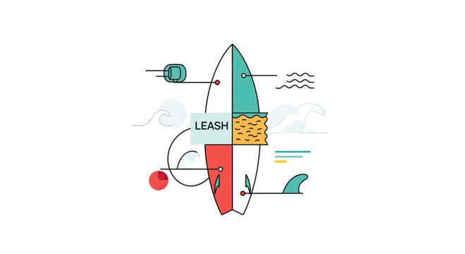 Technical surfboard diagram showing leash and fin placement.