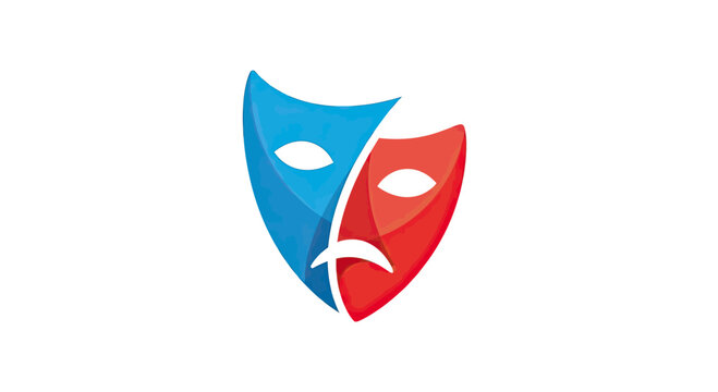 Split blue and red comedy tragedy theater masks.