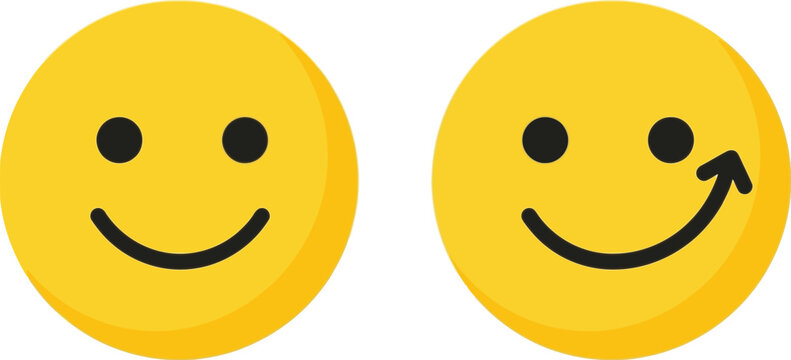 Yellow smiley face icons set, happy emoji with arrow smile, flat vector emoticon collection for customer satisfaction and feedback isolated on Transparent Background