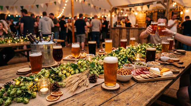Rustic craft beer festival in a marquee tent, long wooden table with ale glasses and appetizers, festive brewery event with warm string lights