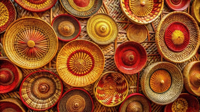 Decorative woven rattan plates in red yellow and natural brown arranged artfully on a wall