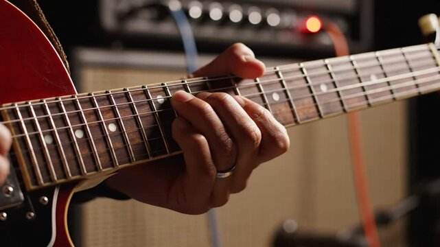 Close-up of hands playing electric guitar chords in studio with amplifier