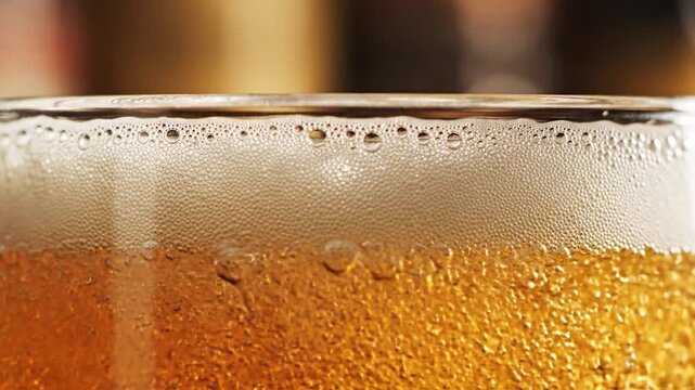Golden beer pouring into a glass creating a thick layer of white foam