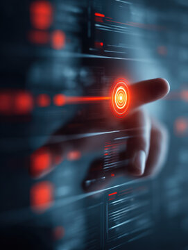 Human finger interacting with futuristic digital holographic interface featuring glowing red circular touchpoint and data streams in a technology environment