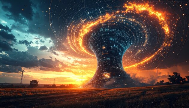 A digital vortex of data and energy erupts over a rural landscape at sunset