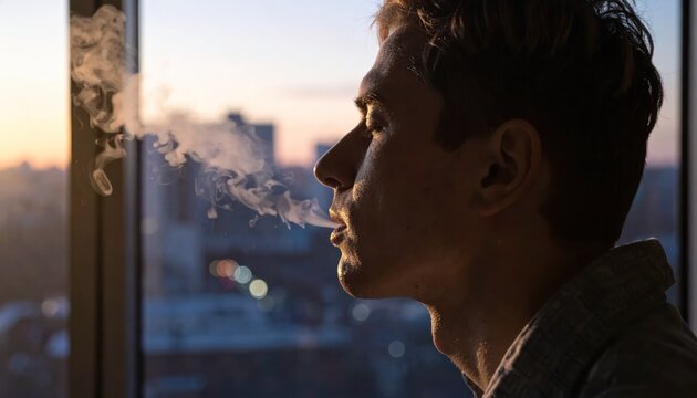 Silhouette of a person exhaling vapor near a window with city backdrop, sunset