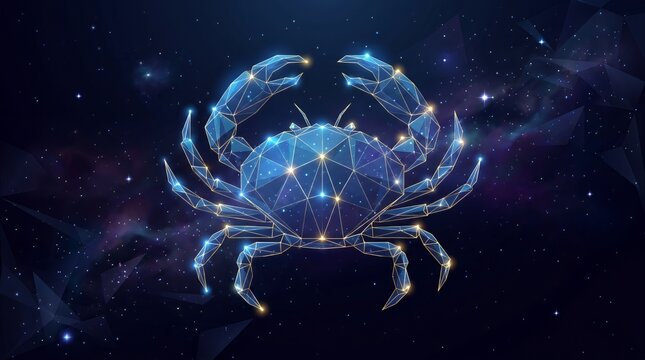 Low poly cosmic constellation art portraying a crab shape connected by glowing vector nodes in the deep stellar void cancerzodiacsignhoroscopeastrologyastronomyconstellationstarsspacenight
