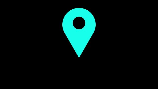Sky-blue location marker icon (pin) in 2D format&mdash;a navigation symbol against a black background. 4K video animation.