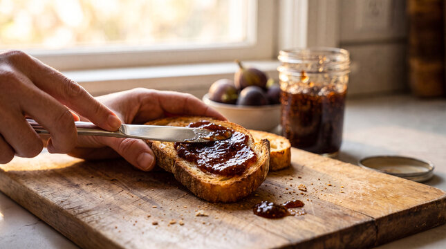 Spreading fig jam on toast. Person preparing breakfast with fruit preserve on bread.