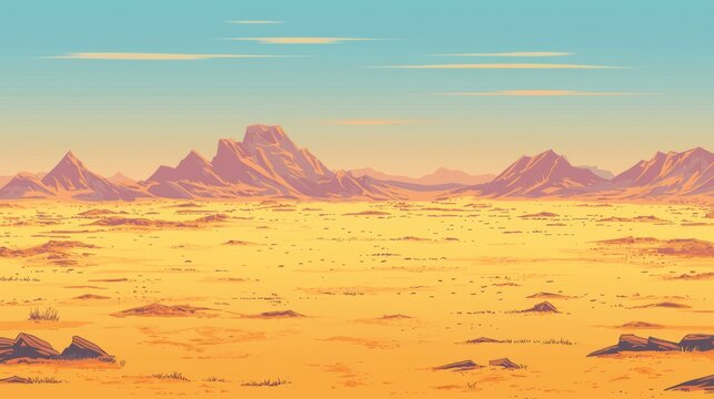 Vast desert landscape with mountains under a pale sky.