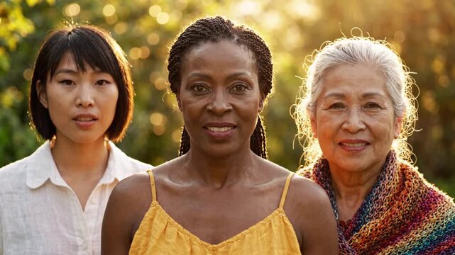 Three diverse women of different ages smiling outdoors at sunset, friendship, unity