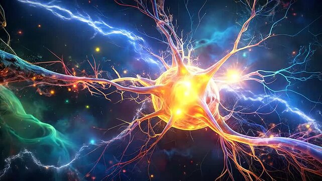 A glowing biological cell structure radiates energy within a dark cosmic environment