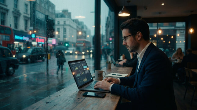 Businessman use artificial intelligence AI technology for enhanced work efficiency data analysis and efficient tools, Unlocking work potential with AI solutions chatbot help solve work problems.	
