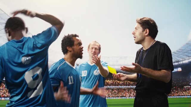 Referee raising yellow card as warning for angry player on stadium pitch, sanctioning rules violation and foul punishment due to heated conflict, match official decision.