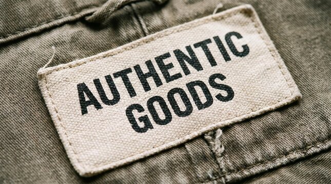 Close-up of an 'AUTHENTIC GOODS' fabric patch on a textured garment, emphasizing quality