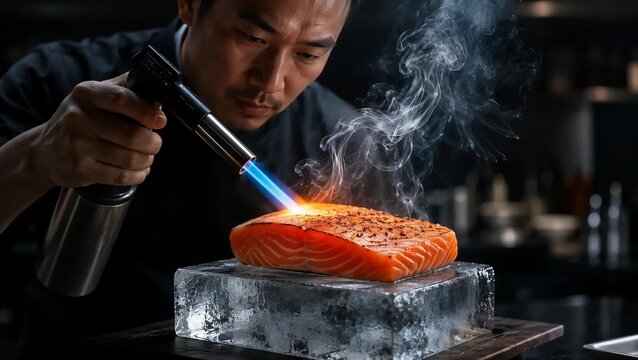 Professional Japanese Chef Searing Fresh Salmon Fillet On Ice Block With Culinary Torch