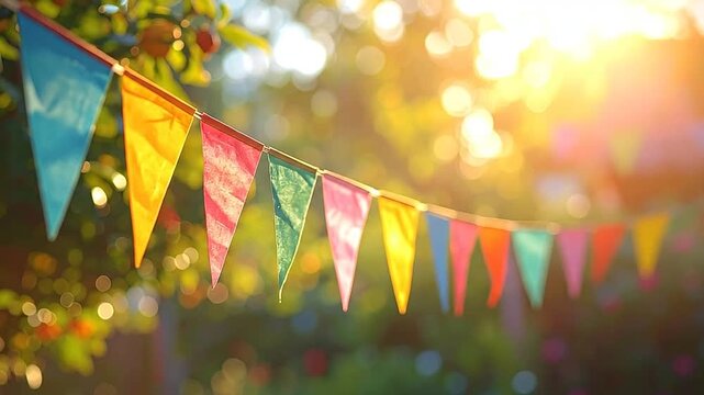 Colorful triangular bunting flags hang outdoors during a sunny day