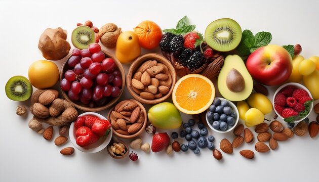assorted fresh fruits and nuts on white background for healthy eating