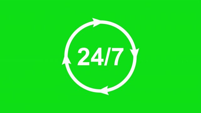 Icon or symbol, sign Open around the clock or 24 hours a day and 7 days a week. Loop. Green screen, chromakey