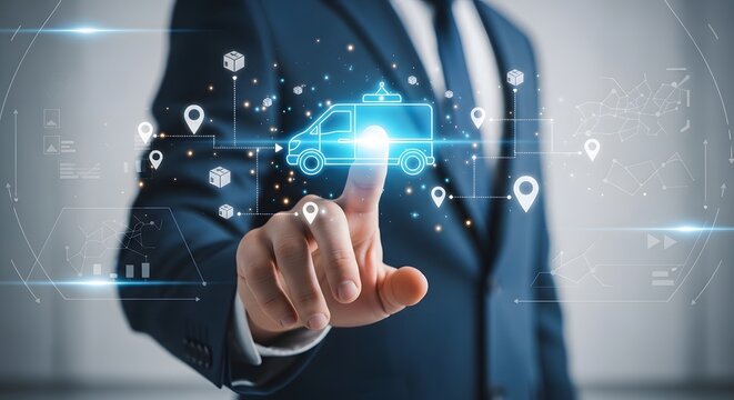 Healthcare logistics and ambulance services, representing advanced medical transportation technology and emergency response solutions on a digital network