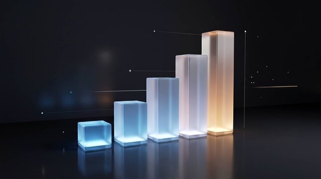 Glowing translucent glass bar chart illustrating ascending growth against dark background