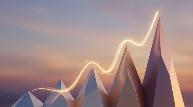 Glowing ascending line tracing upward path over geometric mountain peaks at sunset