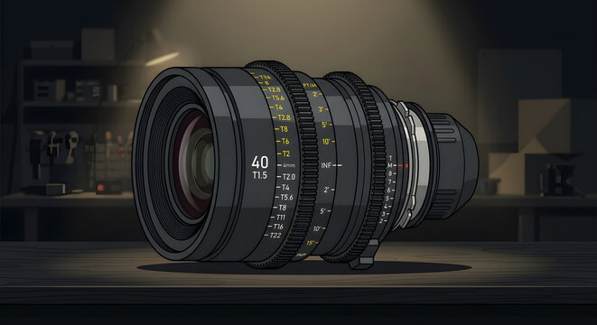 Studio shot of a vintage-style cinema prime lens on a workbench