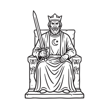 King sitting on a throne holding a sword black and white