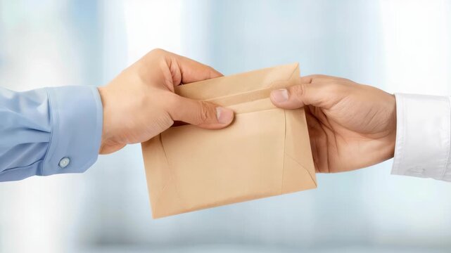 Handing Over an Envelope: Close-up shot of one hand extending a light brown envelope to another, symbolizing delivery, exchange, or confidential communication. The background is softly blurred.
