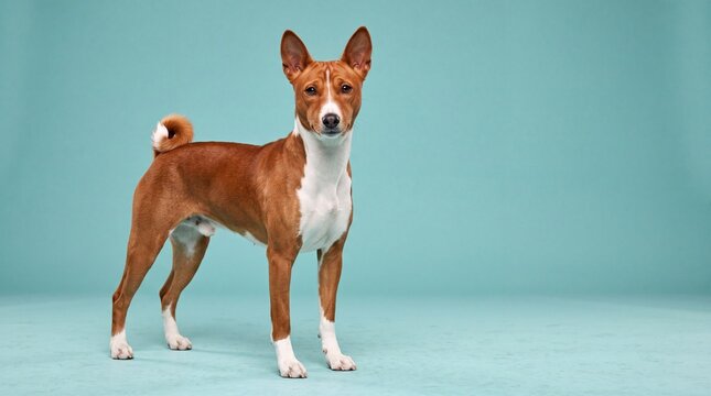 Alert red and white Basenji dog standing against a solid blue studio background