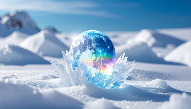 雪原に輝く幻想的な氷の卵のオブジェ　冬の神秘的な空気感と光の反射が美しいファンタジー背景　広告やイベントのポスター制作に活用できるコピースペースのある高画質イメージ素材