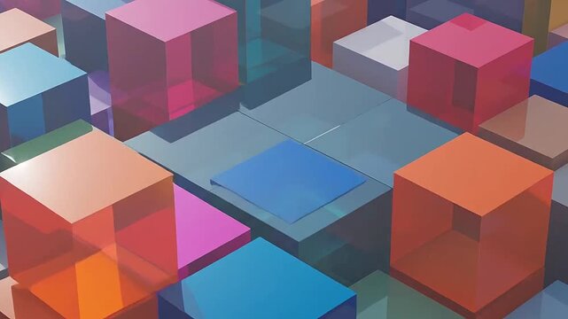 A vibrant collection of translucent and opaque geometric cubes arranged in a dense pattern