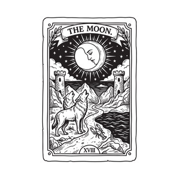 The moon tarot card with wolves and towers line art