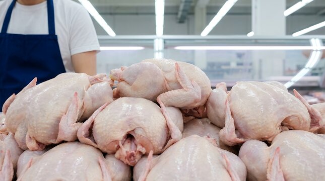 Pile of fresh raw whole chickens displayed in a retail grocery store ready for sale to consumers raw chicken poultry meat food protein supermarket uncooked organic natural