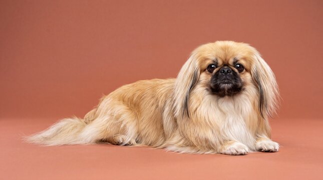 Adorable Pekingese dog lying down on a brown studio background