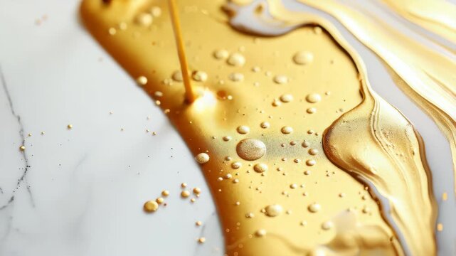 Golden Liquid Abstract: A mesmerizing close-up reveals viscous golden liquid with shimmering bubbles, flowing across a marbled surface, creating a sense of luxury and fluidity.
