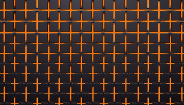 3d black square pattern with orange plus signs on a dark background orange accents on black geometric squares in a repeating pattern