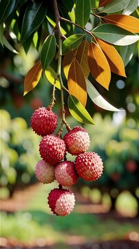 Ripe red lychee fruit cluster hanging from a tree branch with green leaves in lush orchard