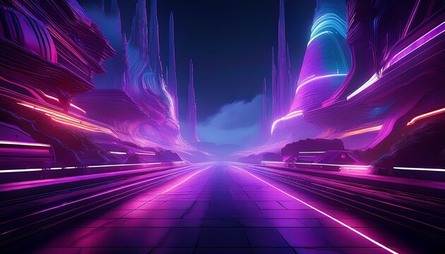 stunning computer generated abstract art featuring futuristic dark scenery with neon lighting and purple smoke generative ai