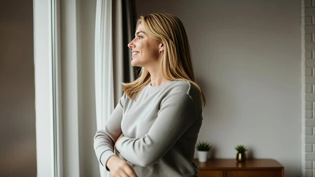 A Woman Gazing Out a Window: A blonde woman with a gentle smile looks thoughtfully out a window, her arms crossed, bathed in natural light.