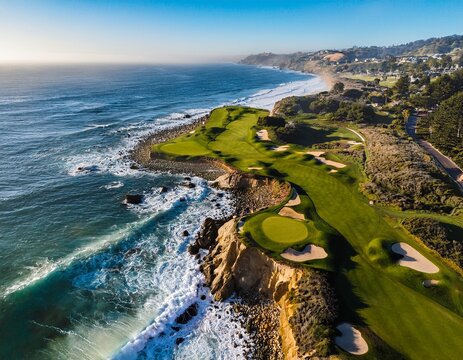 scenic aerial view of golf course along the california coast featuring green fairways ocean waves and rocky shoreline a beautiful outdoor landscape