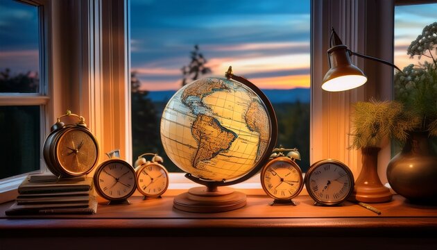 illuminated globe by a window at dusk symbolizing world travel and exploration with clocks representing different time zones and the spirit of adventure and learning